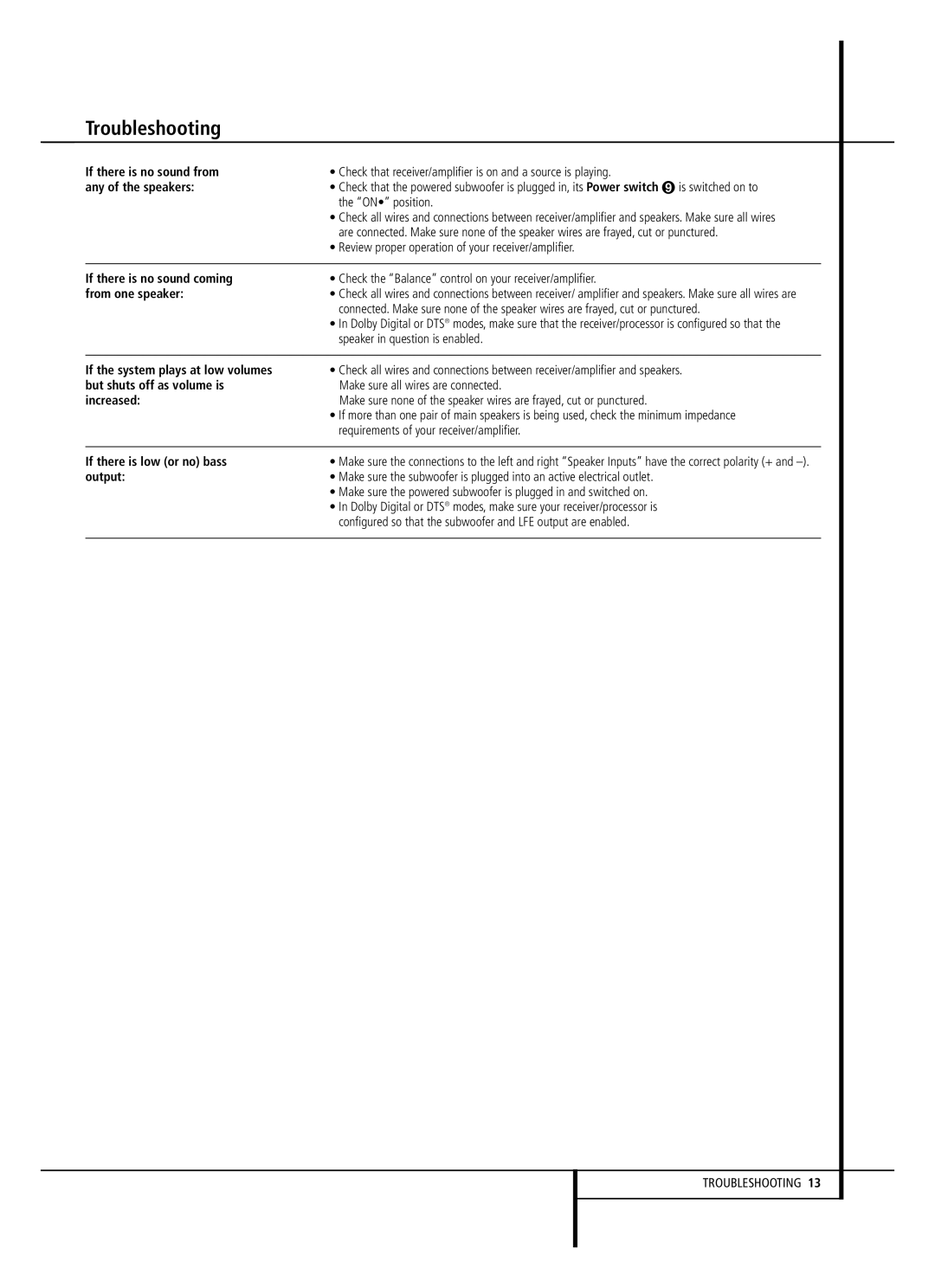 Harman-Kardon HKTS 2 owner manual Troubleshooting, Review proper operation of your receiver/amplifier 