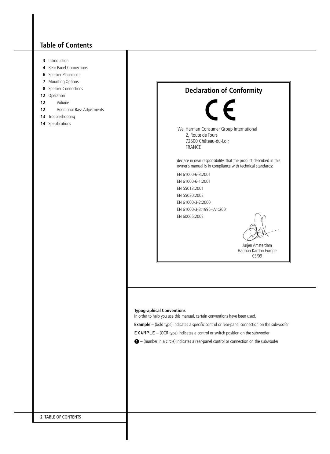 Harman-Kardon HKTS 2 owner manual Table of Contents, Declaration of Conformity 