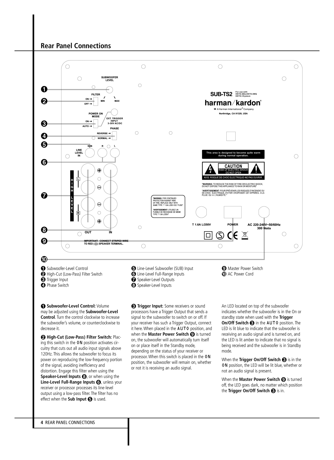 Harman-Kardon HKTS 2 owner manual Rear Panel Connections 