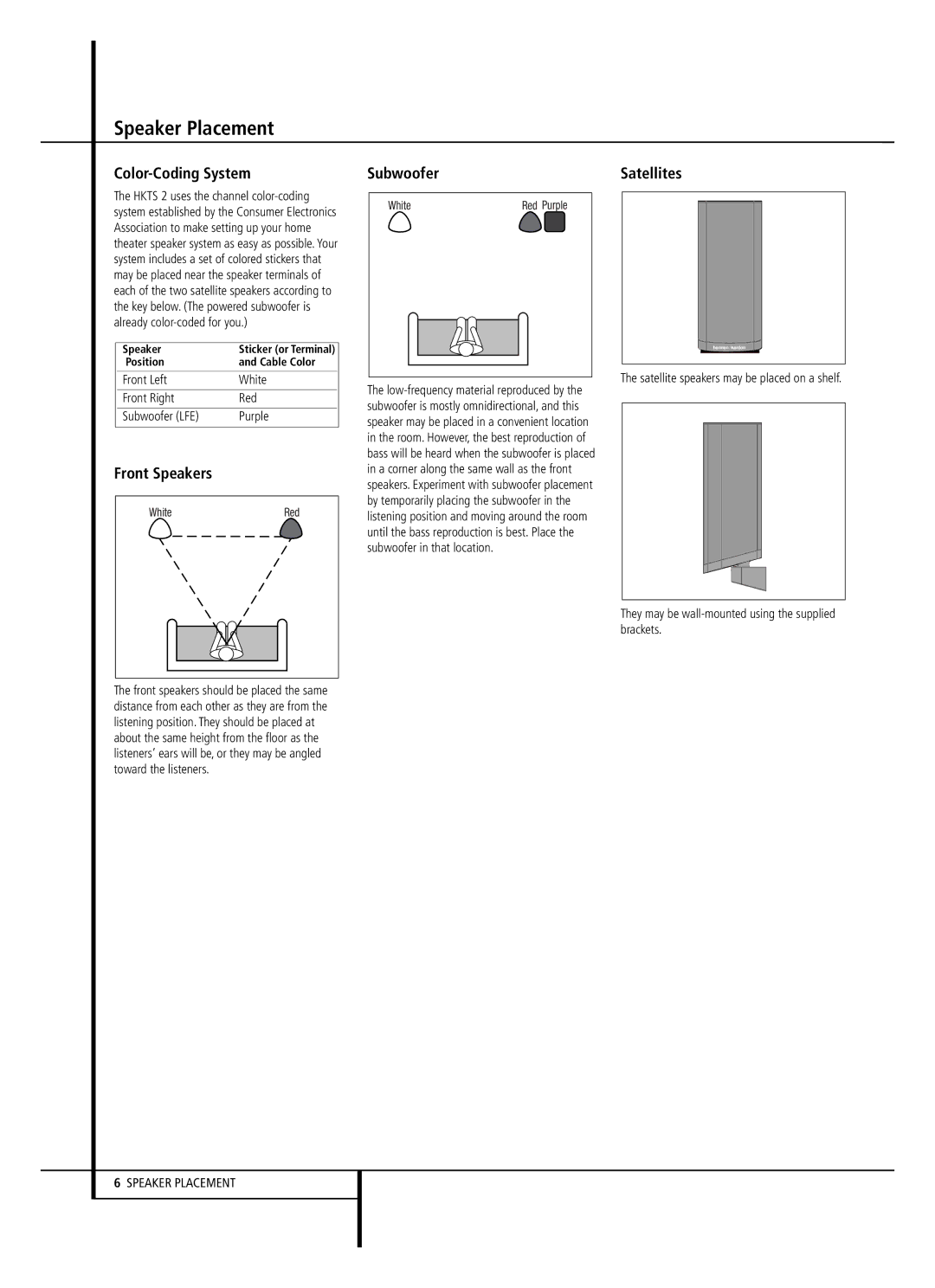 Harman-Kardon HKTS 2 owner manual Speaker Placement, Color-Coding System, Front Speakers, Subwoofer, Satellites 