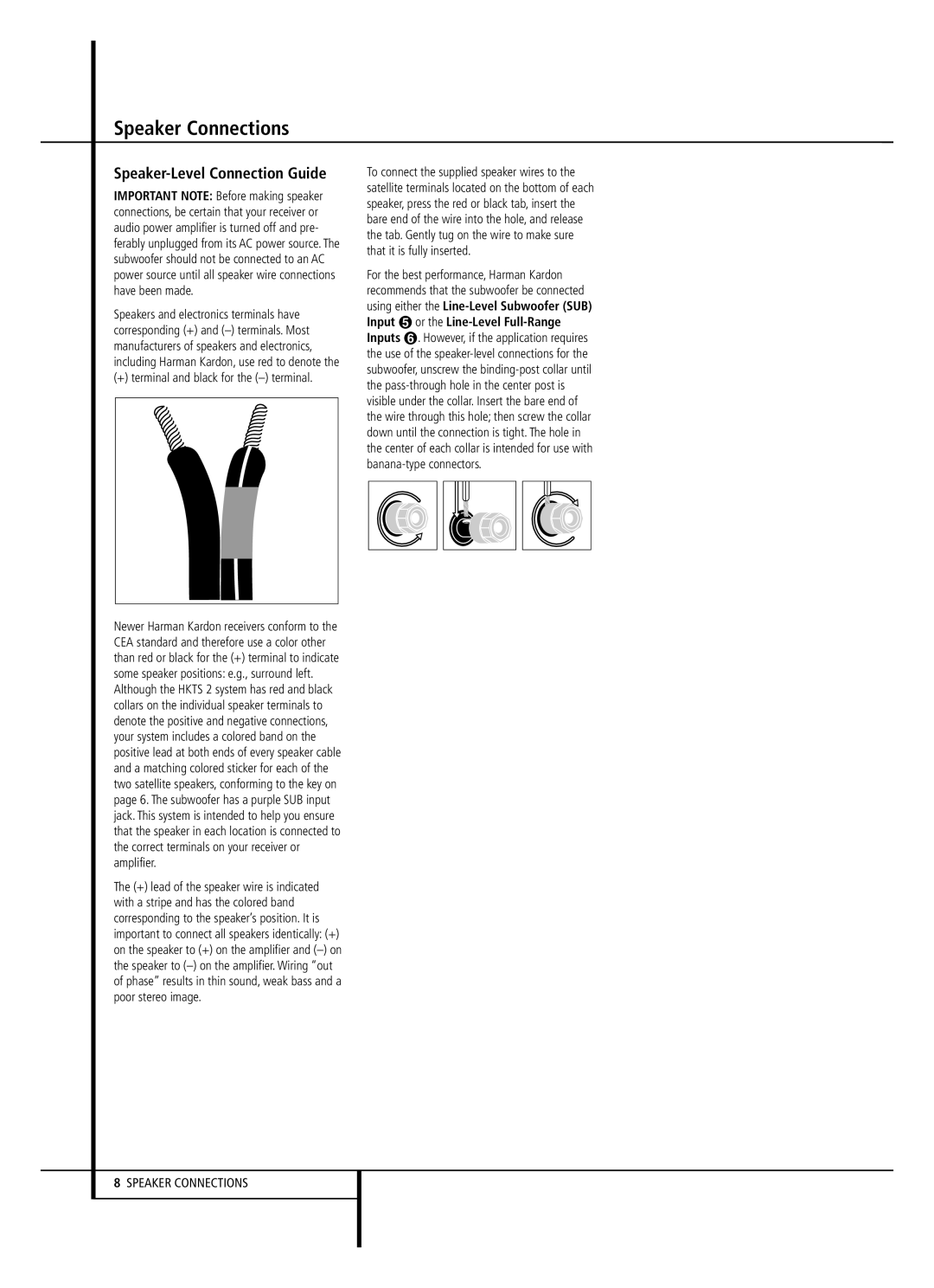 Harman-Kardon HKTS 2 owner manual Speaker Connections, + terminal and black for the terminal 