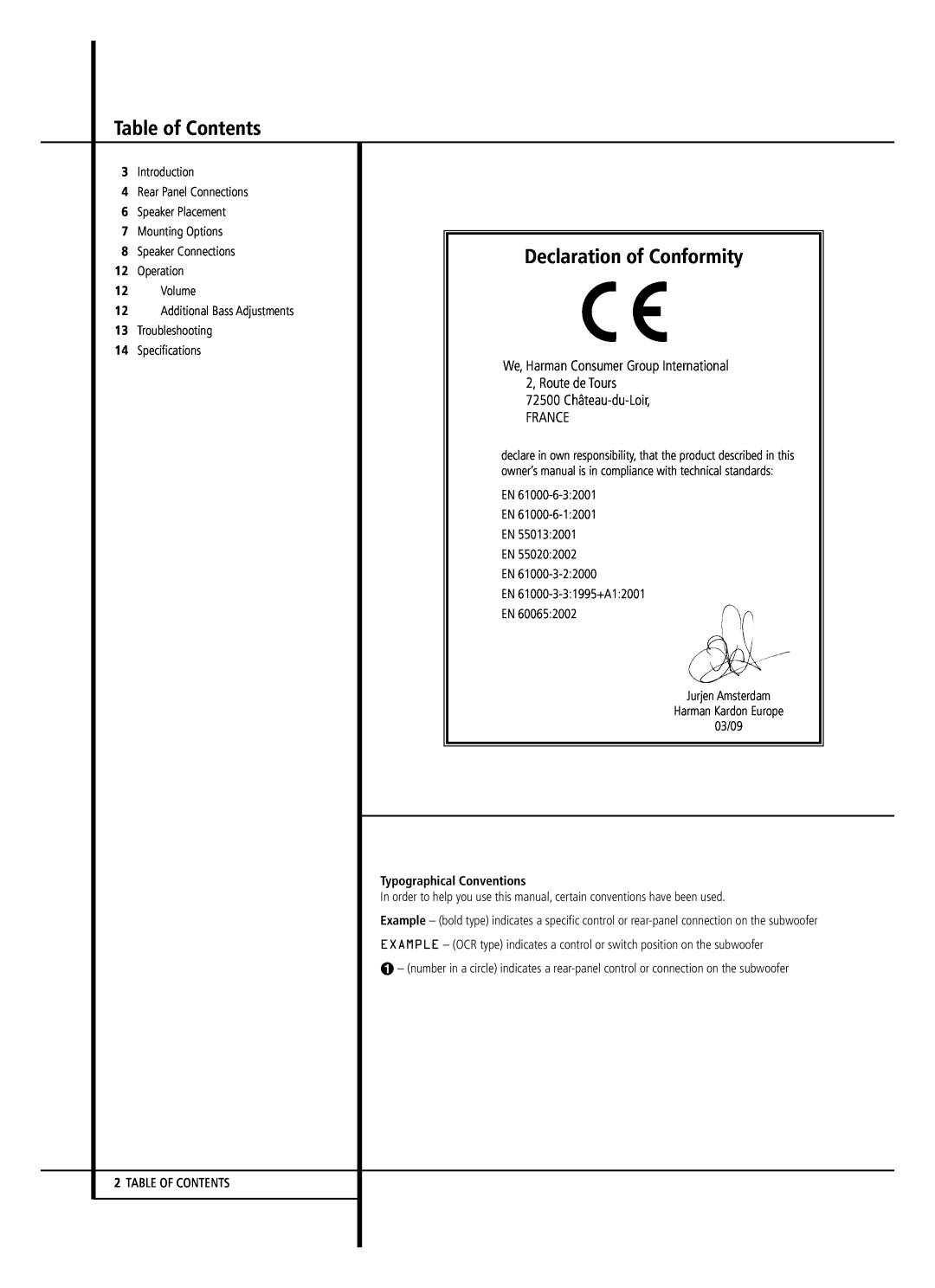 Harman-Kardon HKTS 2 owner manual Table of Contents, Declaration of Conformity, Typographical Conventions 