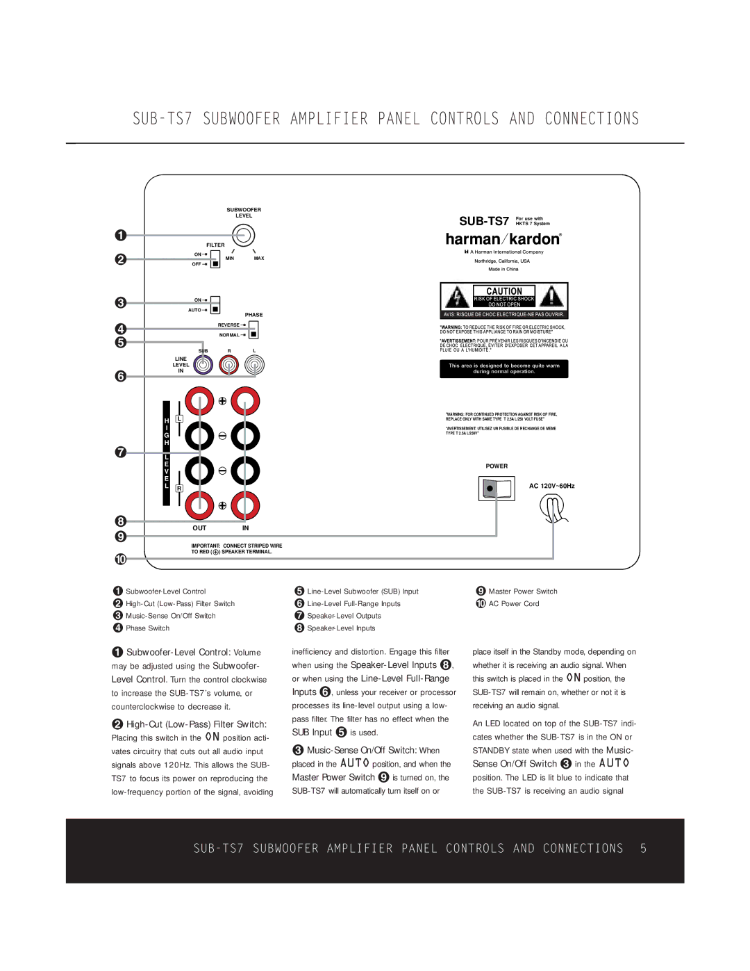 Harman-Kardon HKTS 5 OM owner manual ¡ Subwoofer-Level Control, ¢ Phase Switch, Speaker-Level Inputs 