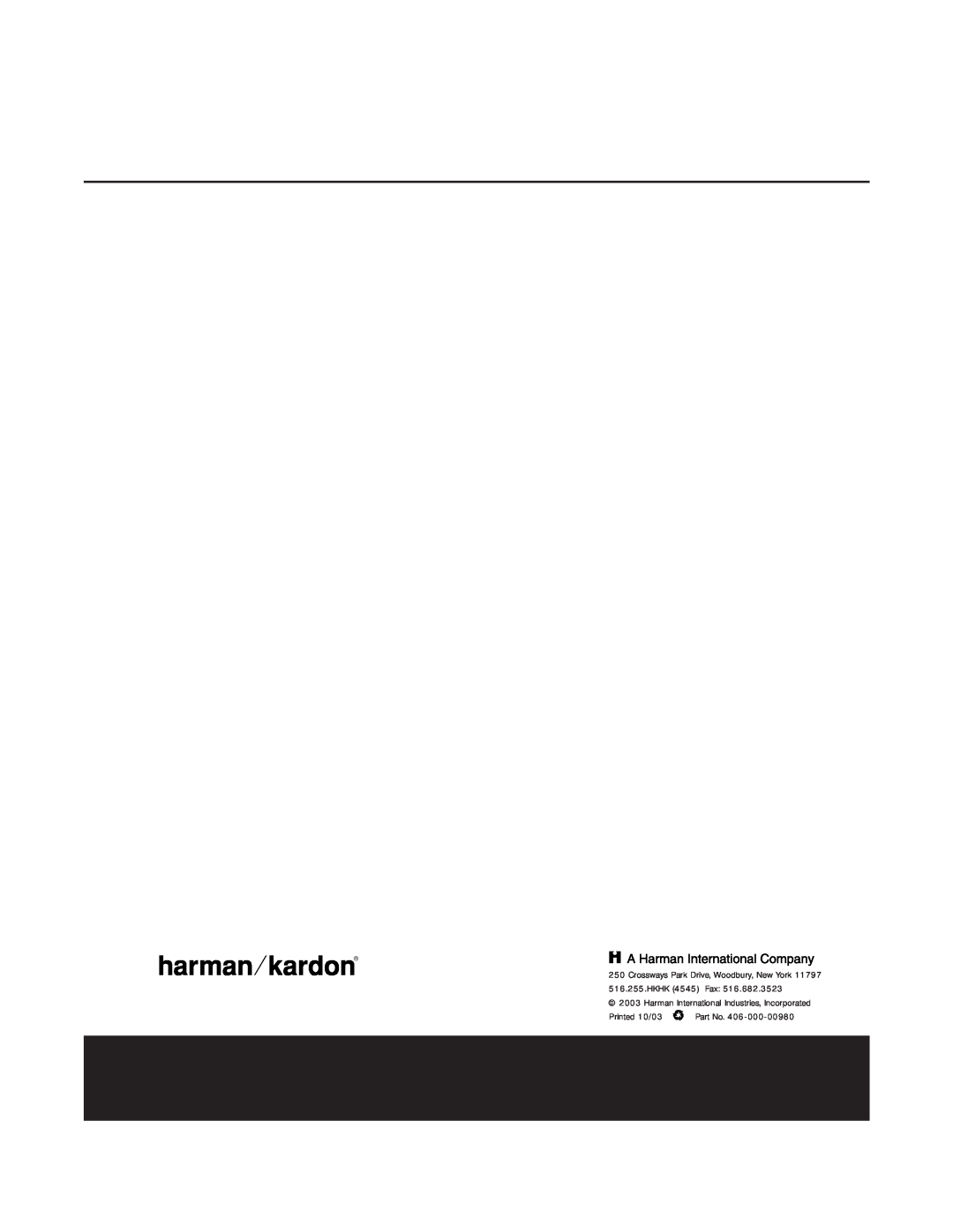 Harman-Kardon HKTS 5 OM owner manual Printed 10/03 Part No 