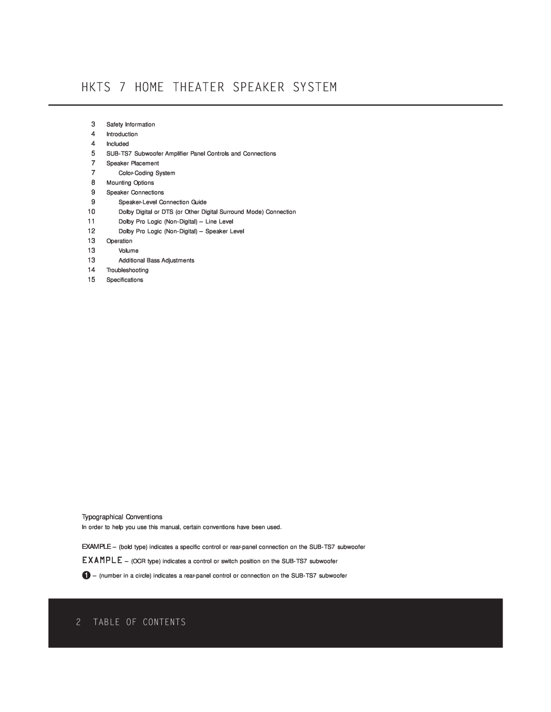 Harman-Kardon HKTS 5 OM owner manual HKTS 7 HOME THEATER SPEAKER SYSTEM, Table Of Contents 