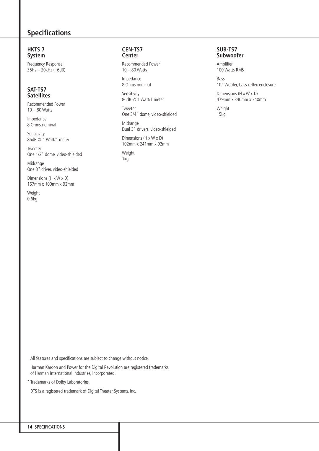 Harman-Kardon HKTS 7 owner manual Specifications, System, Satellites, Center Subwoofer 