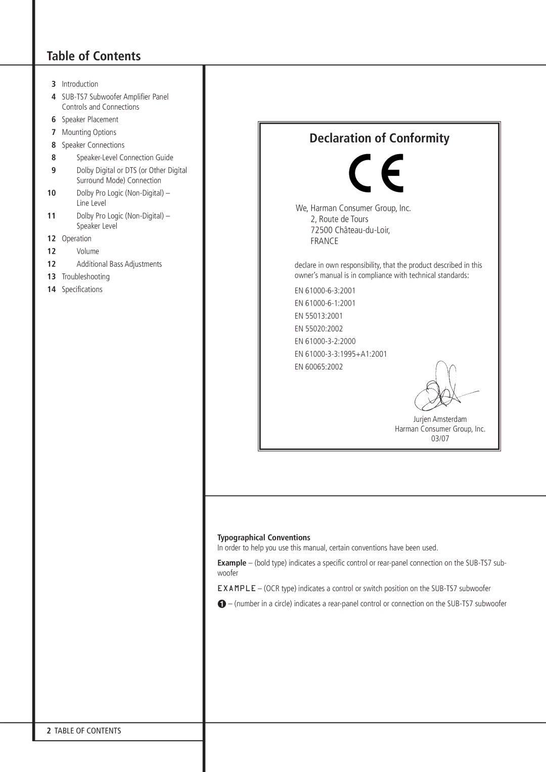 Harman-Kardon HKTS 7 owner manual Table of Contents, Declaration of Conformity 