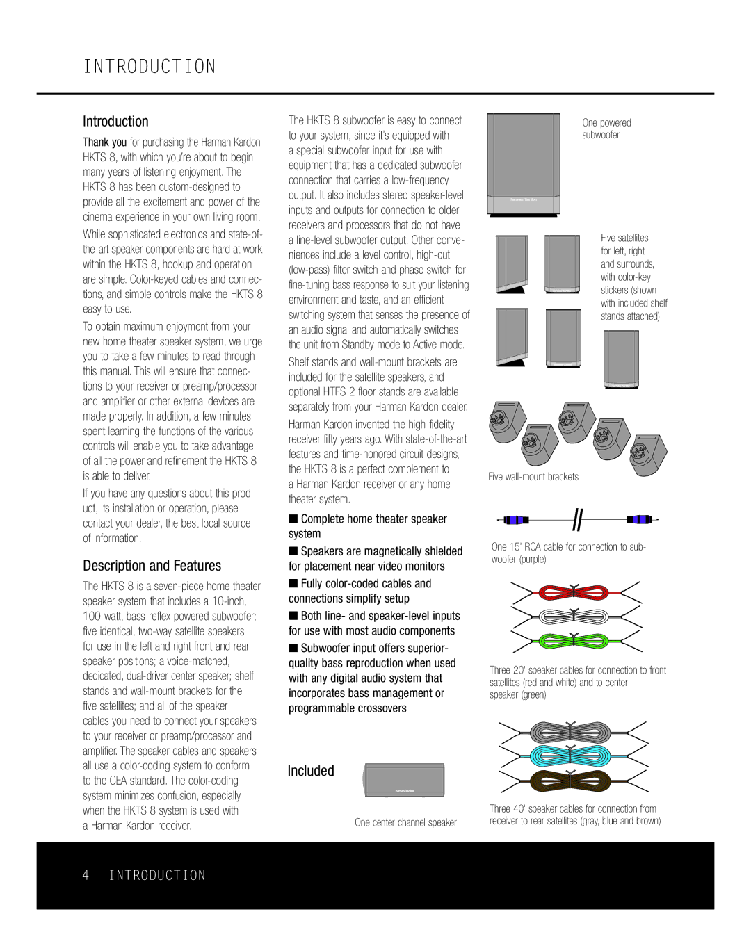 Harman-Kardon HKTS 8 owner manual Introduction, Five wall-mount brackets 