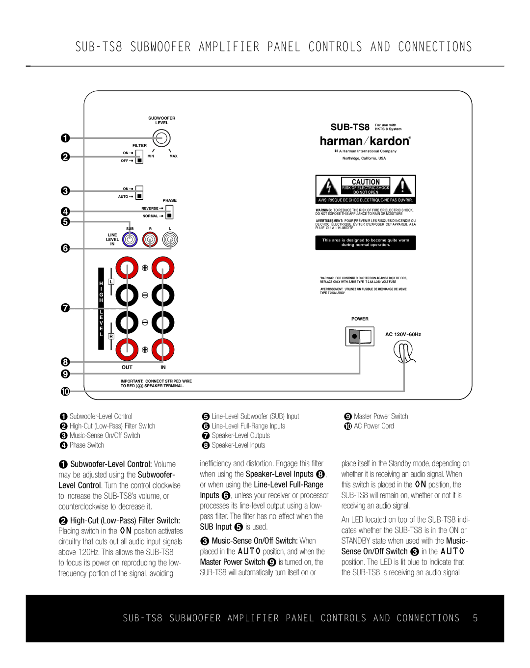 Harman-Kardon HKTS 8 owner manual ¡ Subwoofer-Level Control, ¢ Phase Switch, Speaker-Level Inputs 