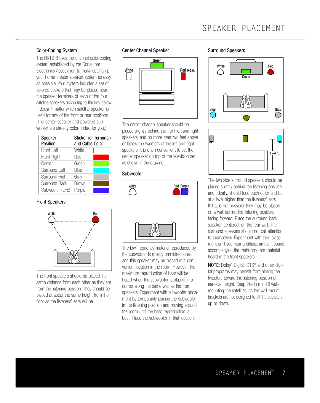 Harman-Kardon HKTS 8 owner manual Speaker Placement 