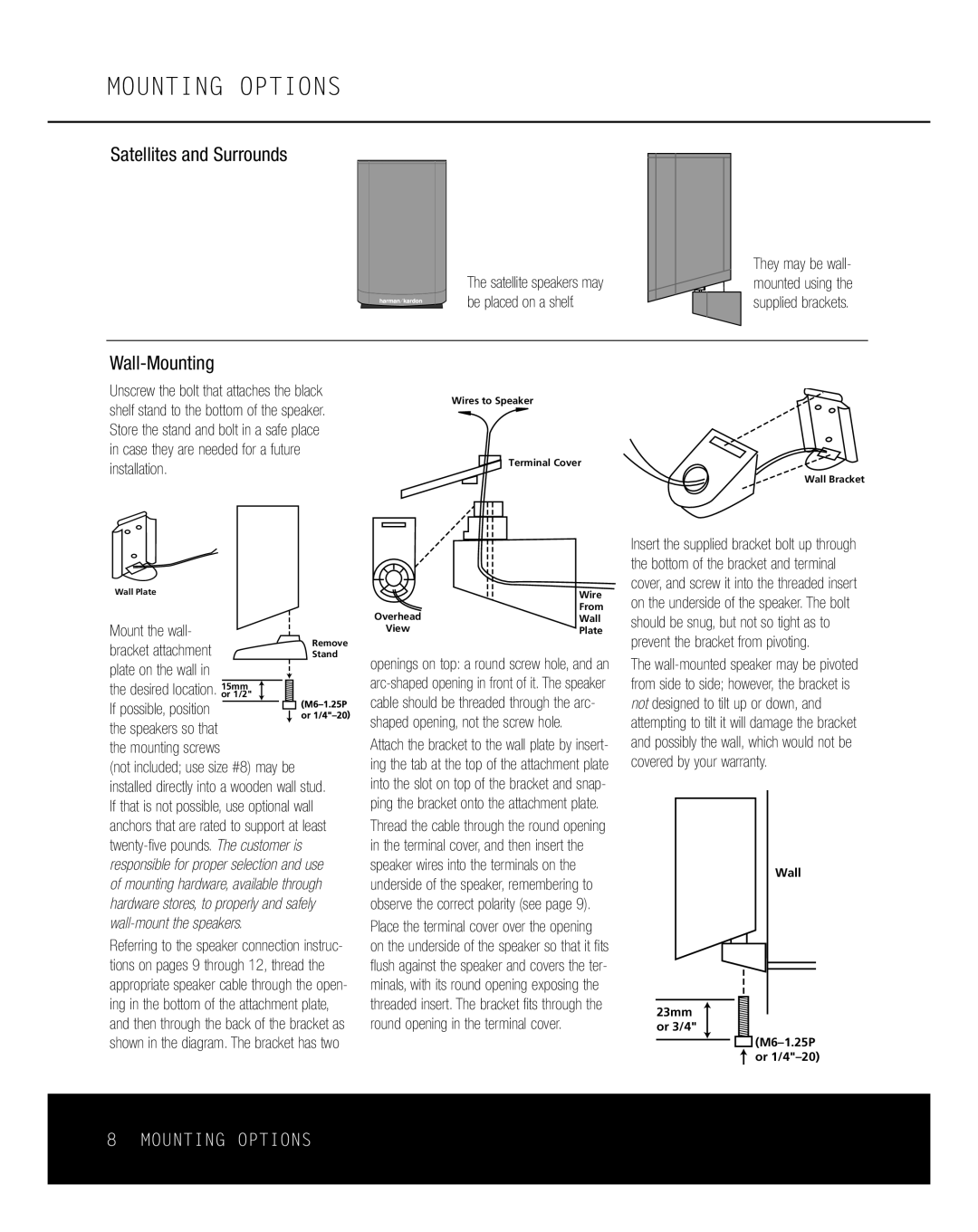 Harman-Kardon HKTS 8 owner manual Mounting Options, Mounting screws 