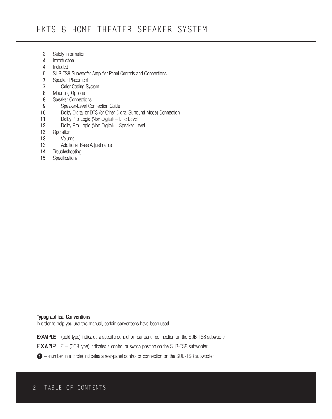 Harman-Kardon owner manual HKTS 8 HOME THEATER SPEAKER SYSTEM, Table Of Contents 