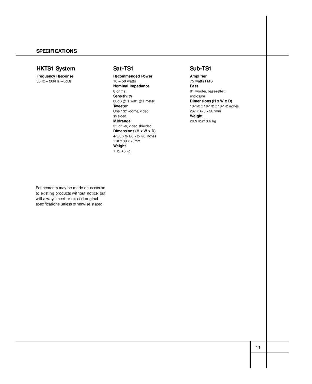 Harman-Kardon HKTS1 owner manual Specifications 