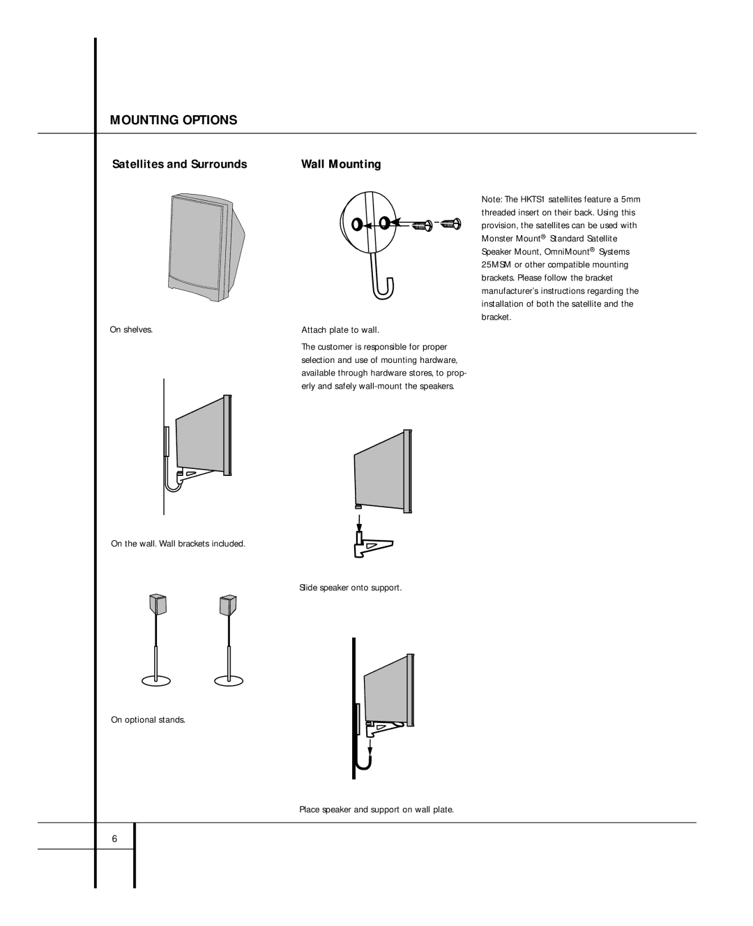 Harman-Kardon HKTS1 owner manual Mounting Options, Satellites and Surrounds, Wall Mounting, Attach plate to wall 