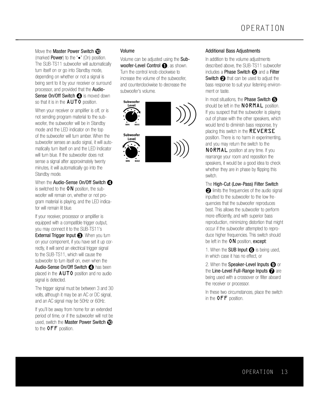 Harman-Kardon HKTS11 owner manual Operation, High-Cut Low-Pass Filter Switch 