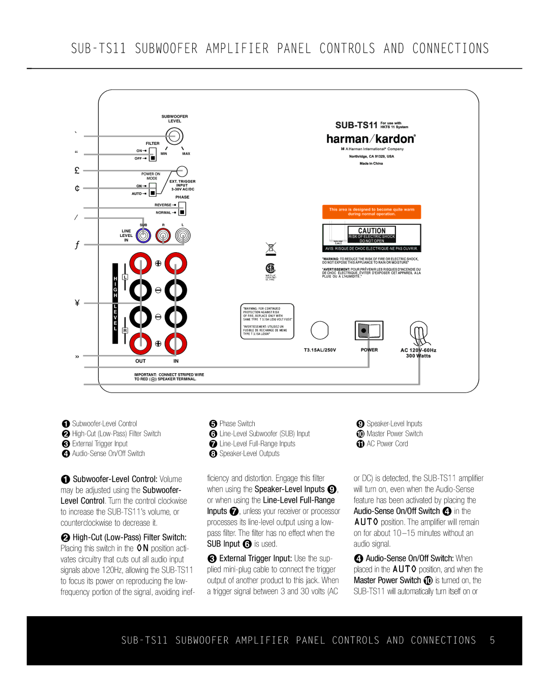 Harman-Kardon HKTS11 owner manual SUB-TS11 Subwoofer Amplifier Panel Controls and Connections 