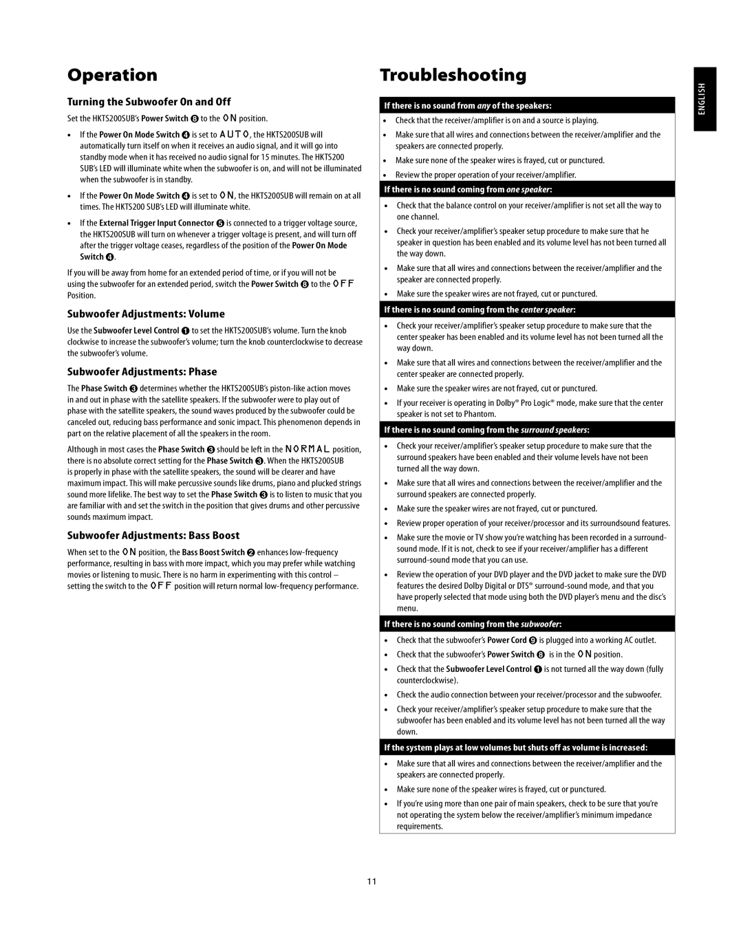 Harman-Kardon HKTS30, HKTS20 manual Operation, Troubleshooting 