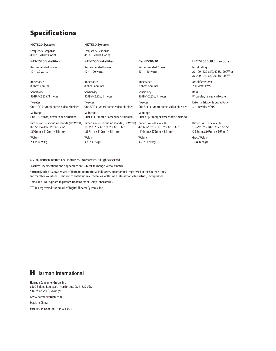 Harman-Kardon HKTS20, HKTS30 manual Specifications 