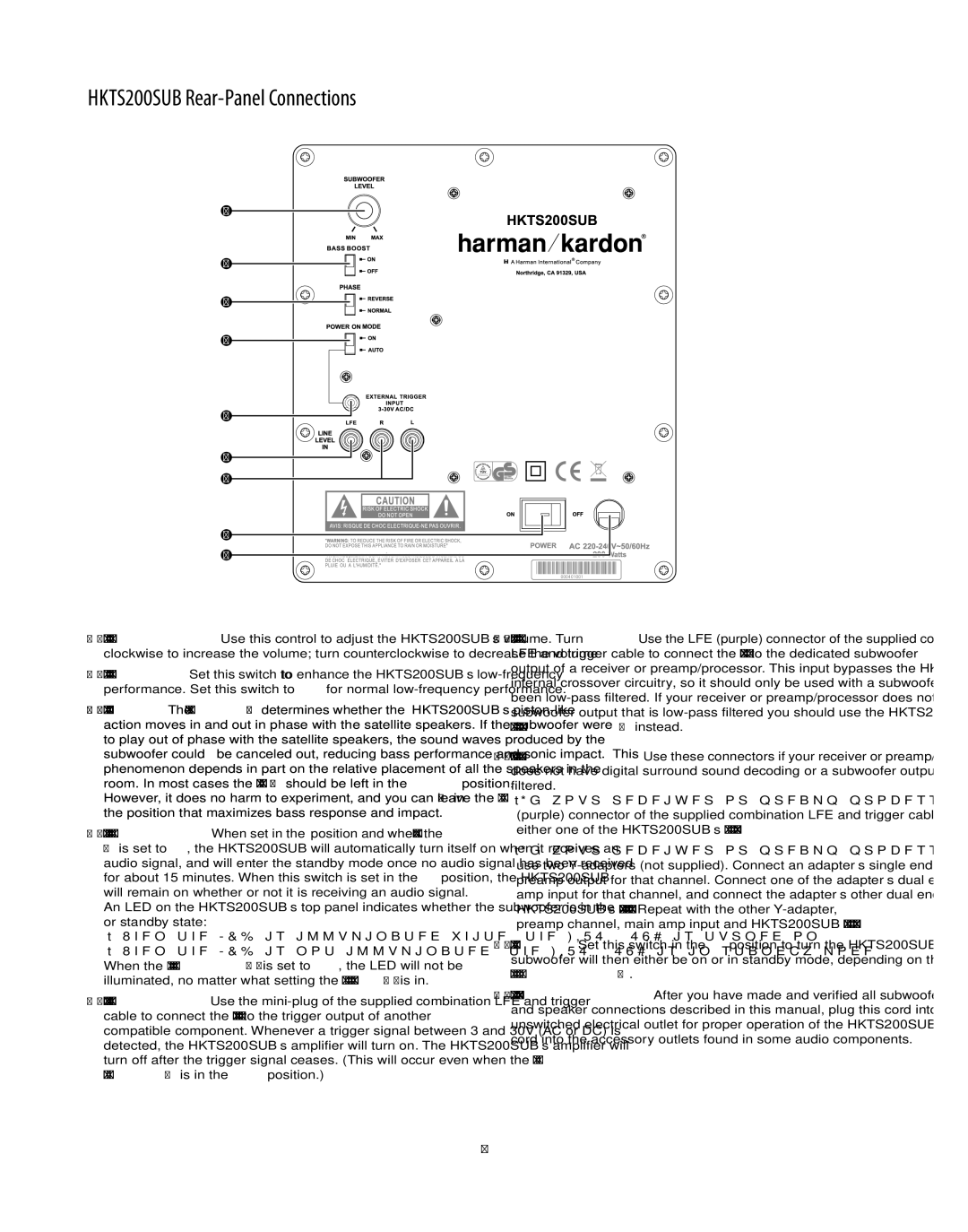 Harman-Kardon HKTS30 manual HKTS200SUB Rear-Panel Connections 