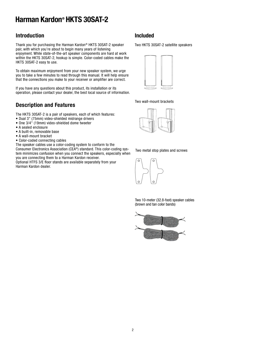 Harman-Kardon HKTS30SAT-2 manual Introduction, Description and Features, Included 