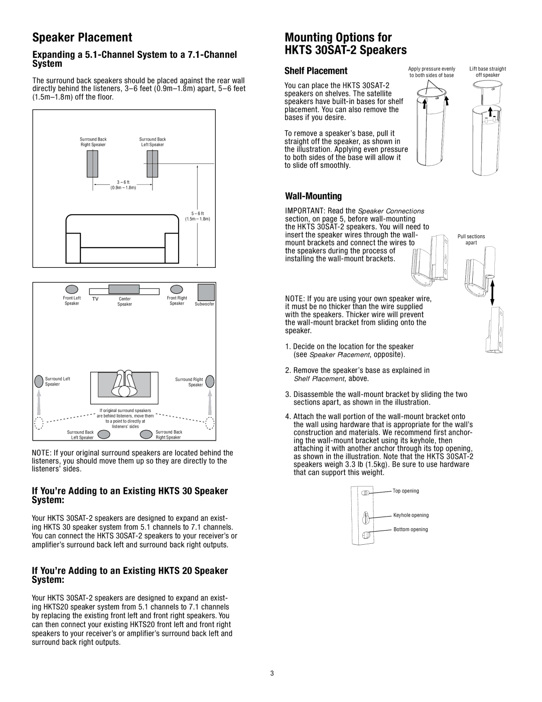 Harman-Kardon HKTS30SAT-2 manual Speaker Placement, Mounting Options for Hkts 30SAT-2 Speakers 