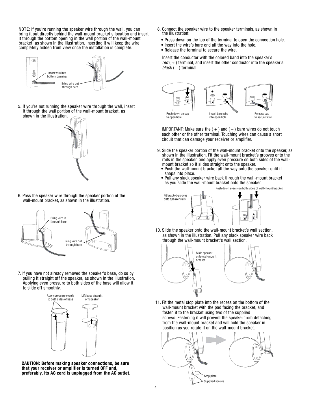 Harman-Kardon HKTS30SAT-2 manual Important Make sure the + and bare wires do not touch 