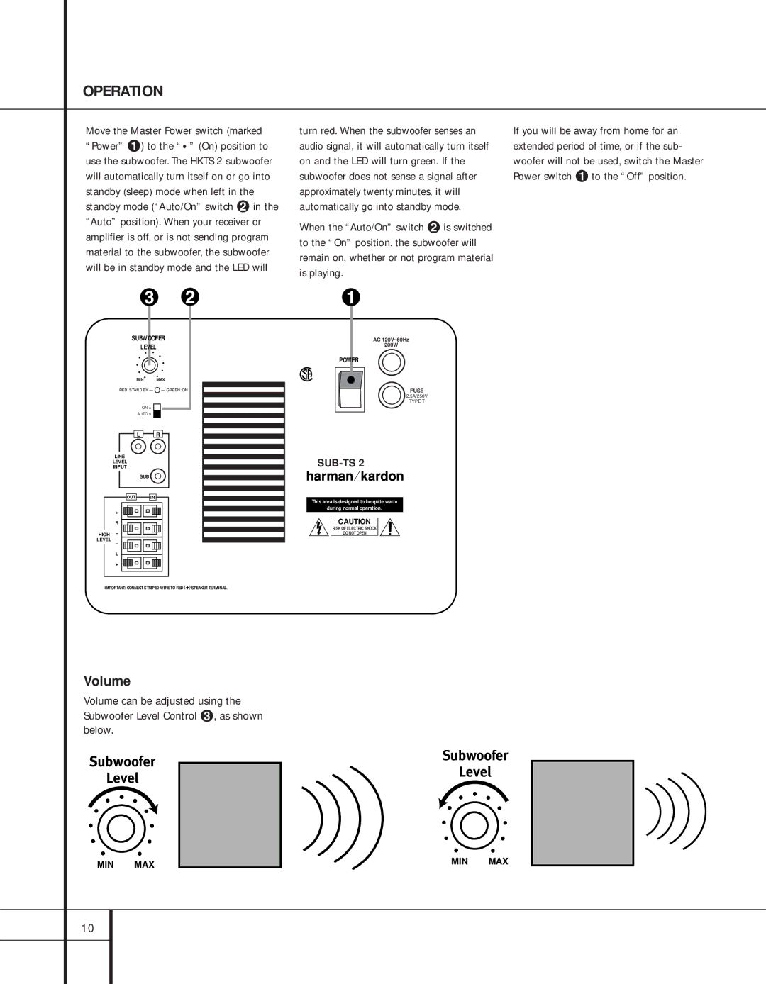 Harman-Kardon HKTS 2, Home Theater System, 201 specifications Operation, Volume, Subwoofer Level 