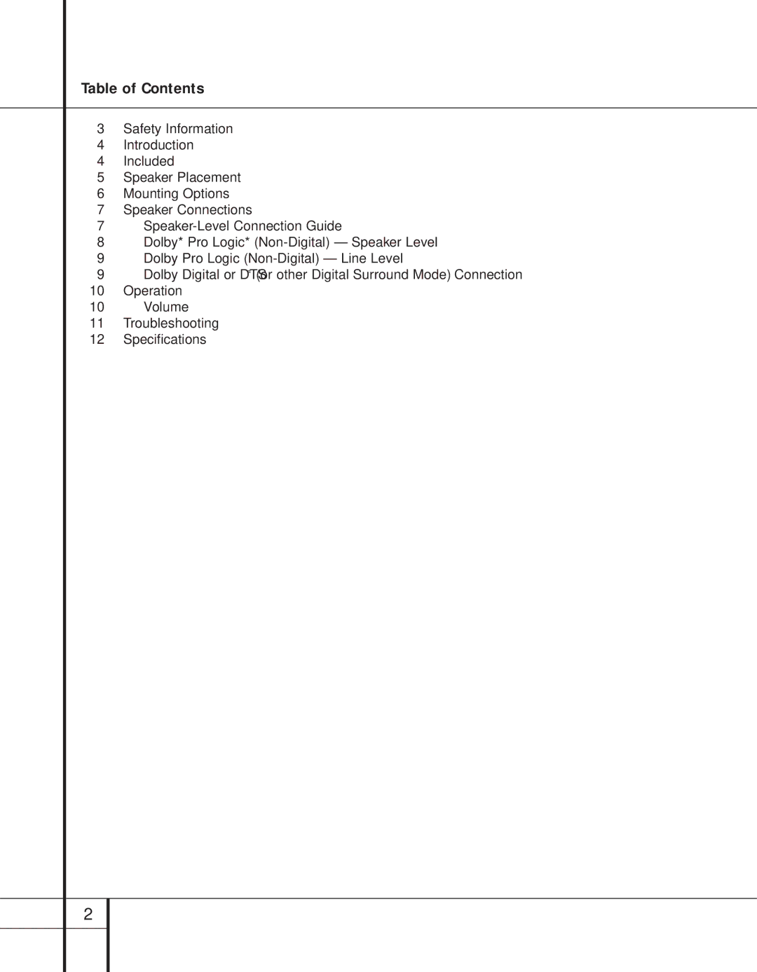 Harman-Kardon Home Theater System, 201, HKTS 2 specifications Table of Contents 