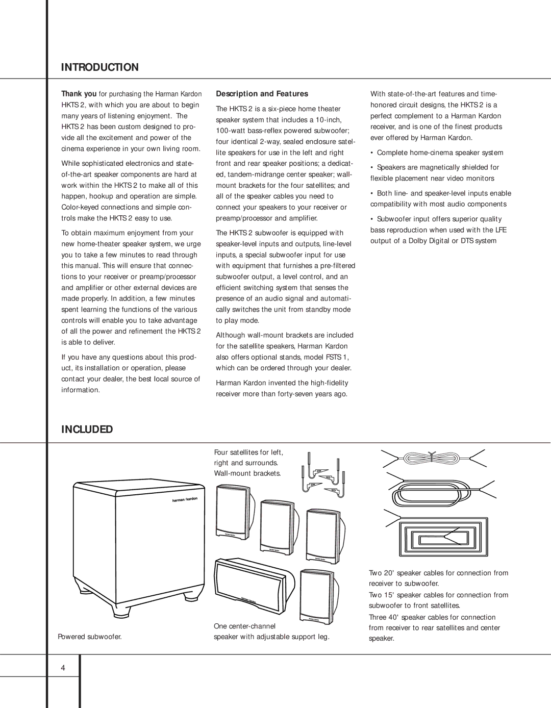 Harman-Kardon HKTS 2, Home Theater System, 201 specifications Introduction, Included, Description and Features 