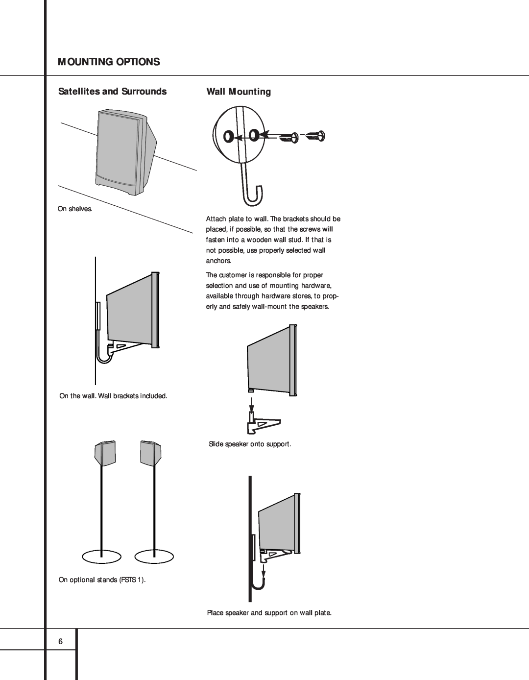 Harman-Kardon 201, Home Theater System, HKTS 2 specifications Mounting Options, Satellites and Surrounds, Wall Mounting 