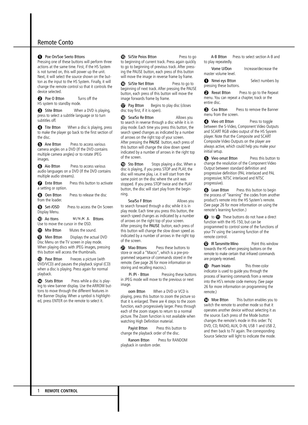 Harman-Kardon HS 150 owner manual Mute Button Mutes the sound, B Button Press to select section A-B and to play repeatedly 