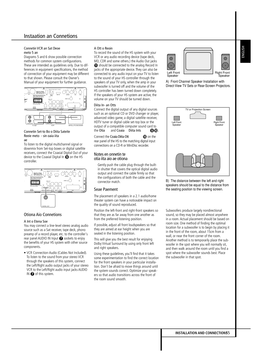 Harman-Kardon HS 150 owner manual Optional Audio Connections, Speaker Placement 