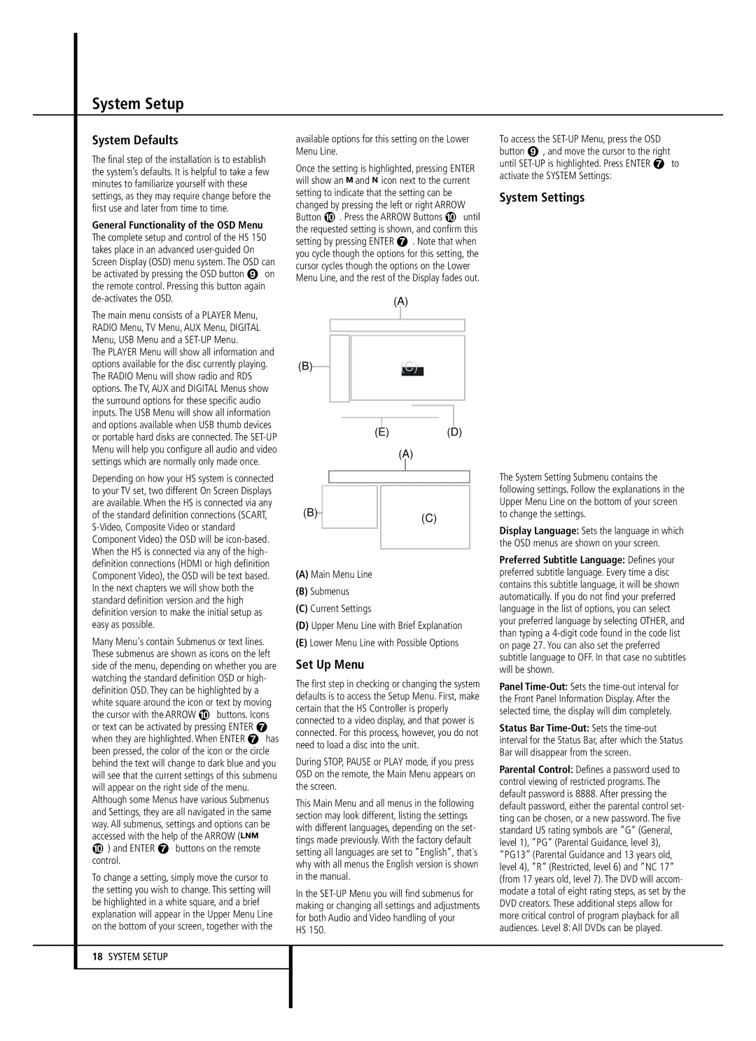 Harman-Kardon HS 150 owner manual System Setup, System Defaults, Set Up Menu, System Settings 