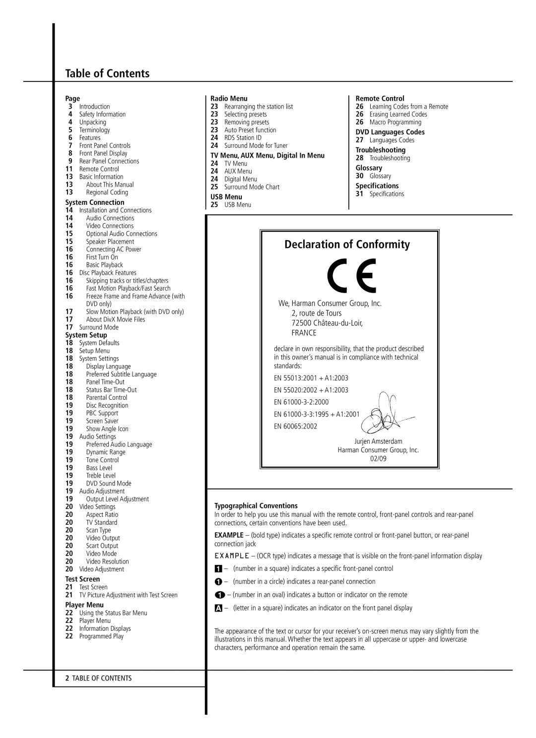 Harman-Kardon HS 150 owner manual Table of Contents, Declaration of Conformity 