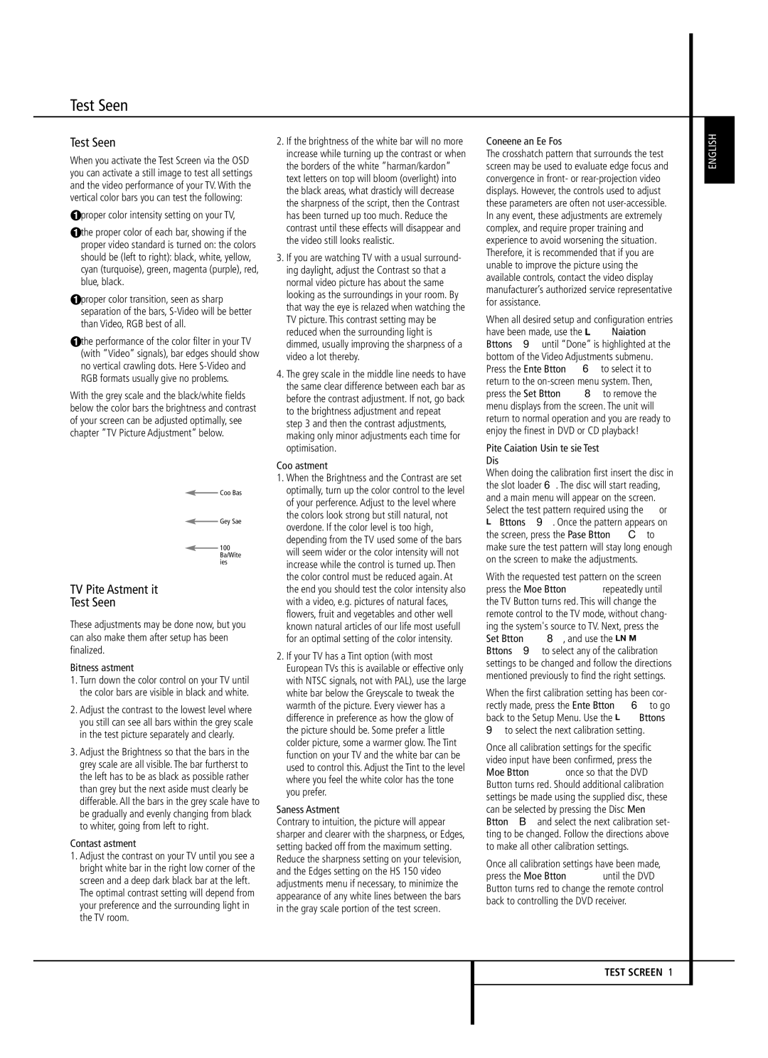 Harman-Kardon HS 150 owner manual TV Picture Adjustment with Test Screen 