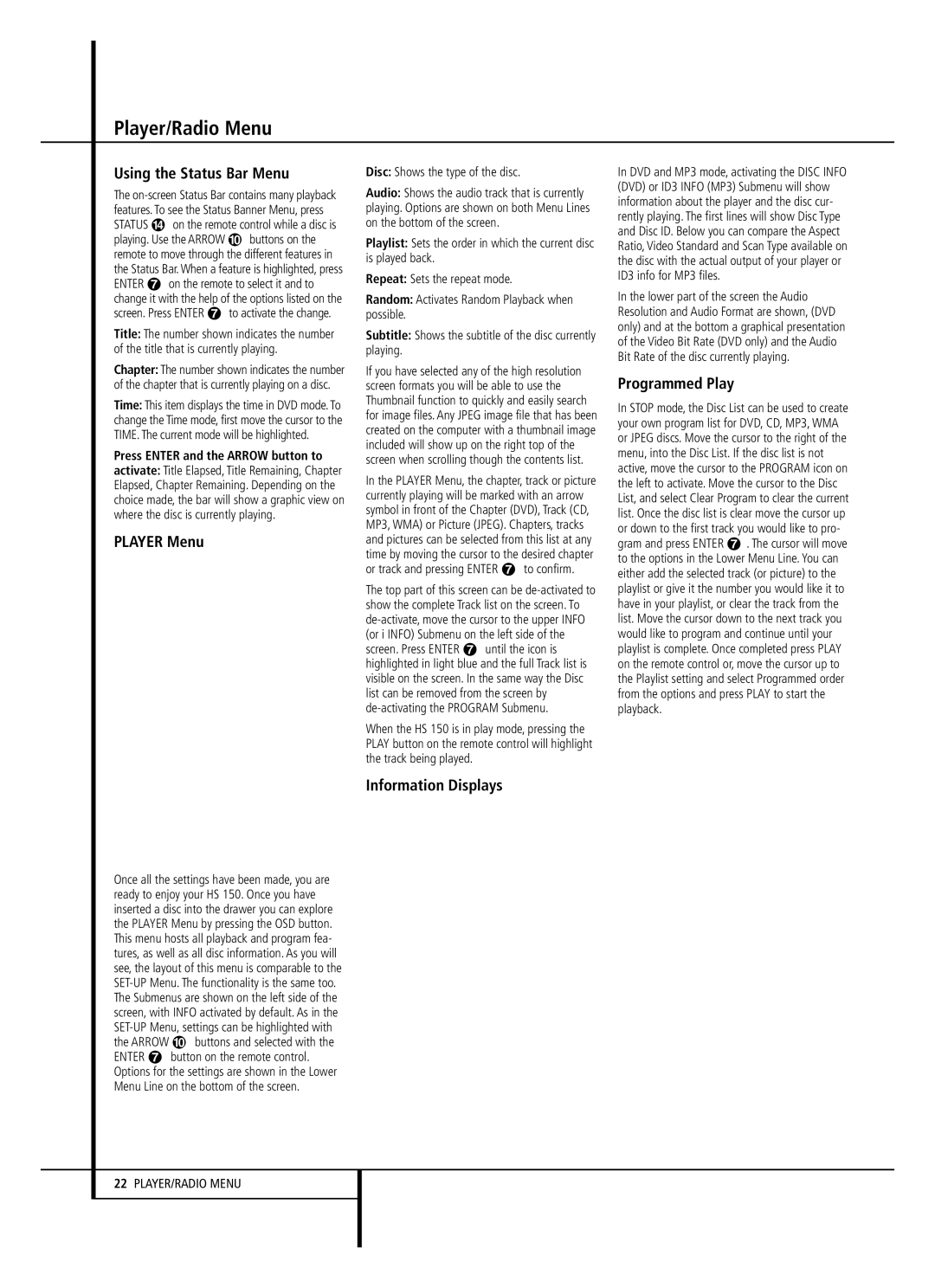 Harman-Kardon HS 150 Player/Radio Menu, Using the Status Bar Menu, Player Menu, Information Displays, Programmed Play 