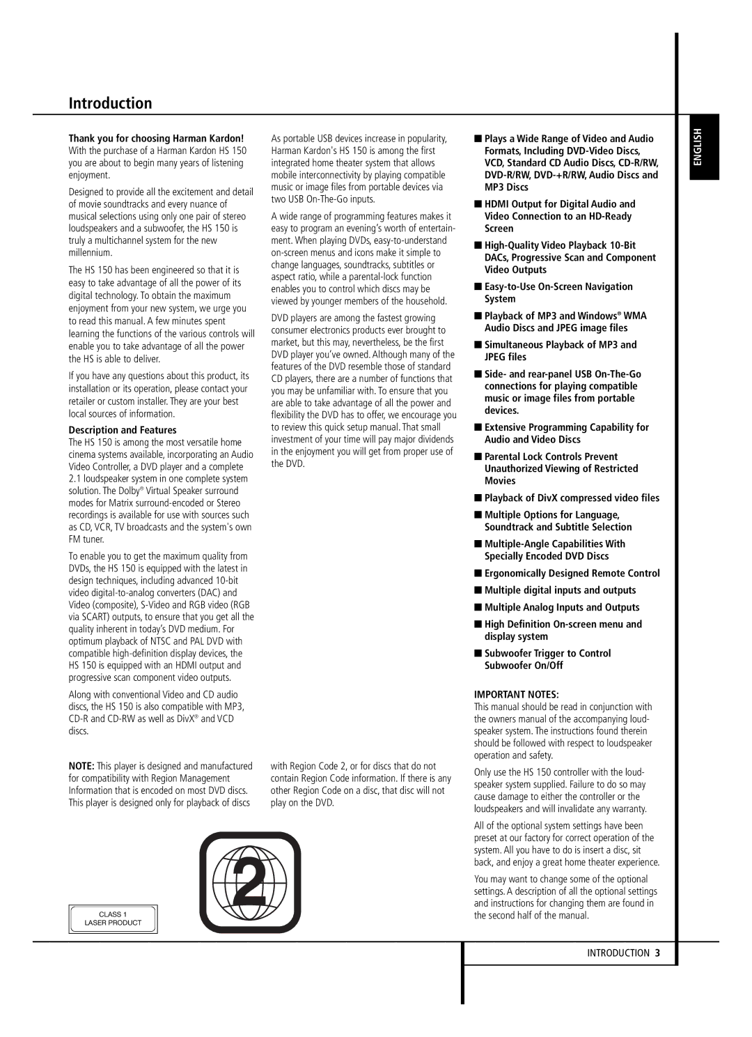 Harman-Kardon HS 150 owner manual Introduction, Description and Features, Simultaneous Playback of MP3 and Jpeg files 