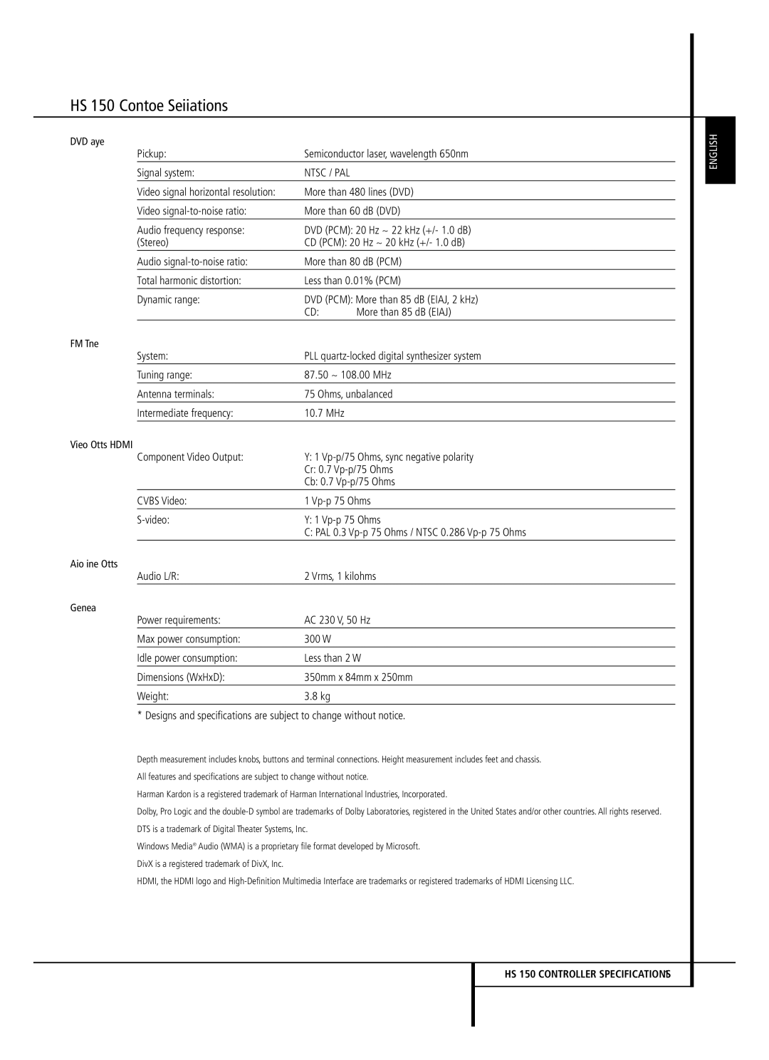 Harman-Kardon owner manual HS 150 Controller Specifications 