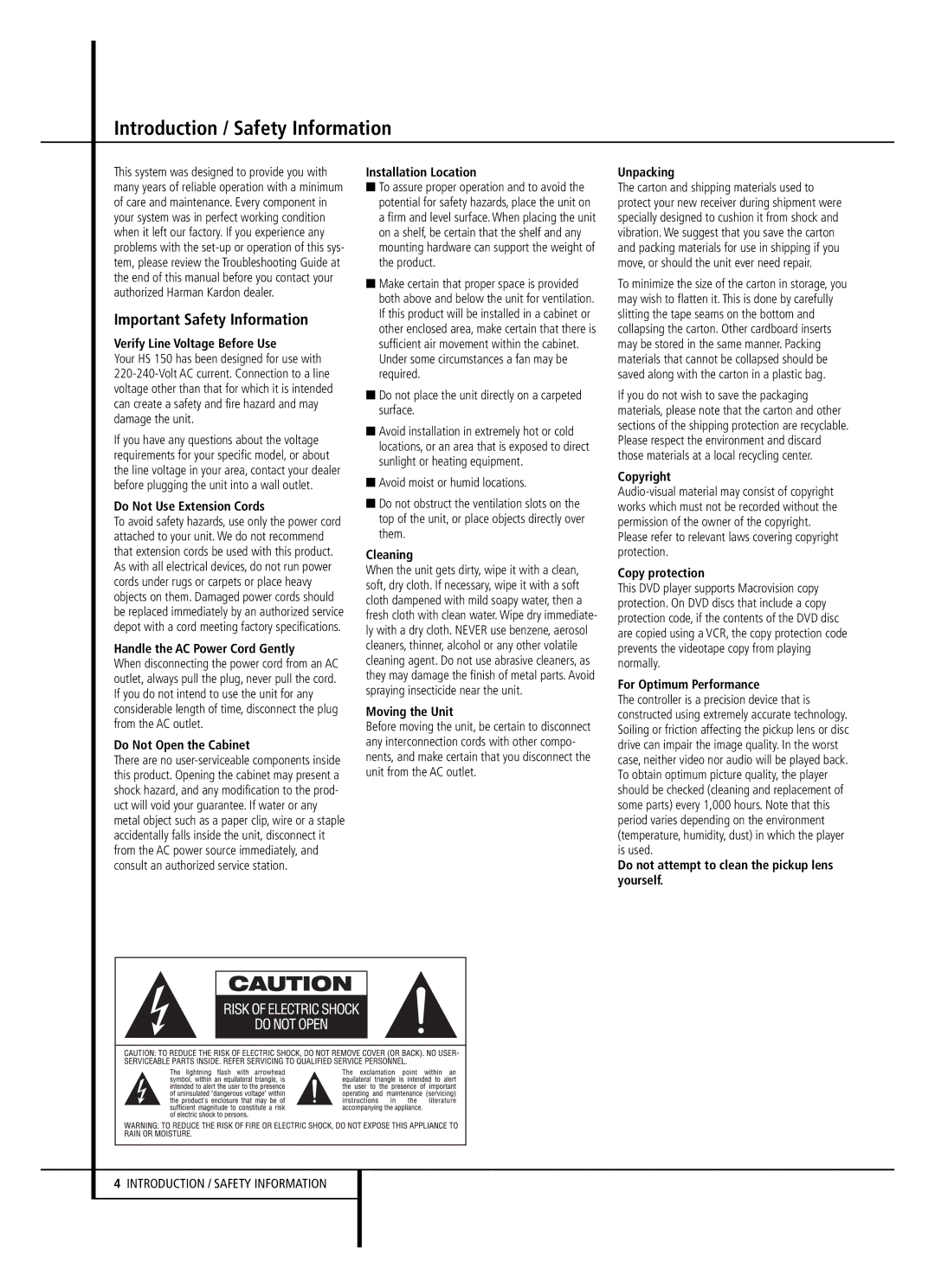 Harman-Kardon HS 150 owner manual Introduction / Safety Information, Important Safety Information 