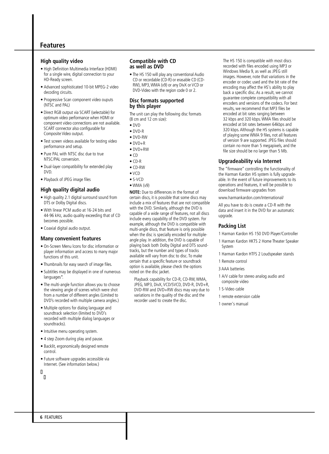 Harman-Kardon HS 150 owner manual Features 