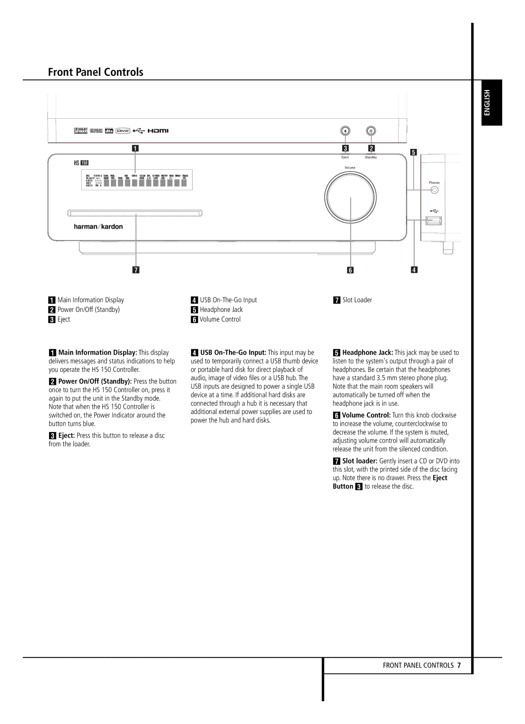 Harman-Kardon HS 150 owner manual Front Panel Controls,  Main Information Display USB On-The-Go Input 