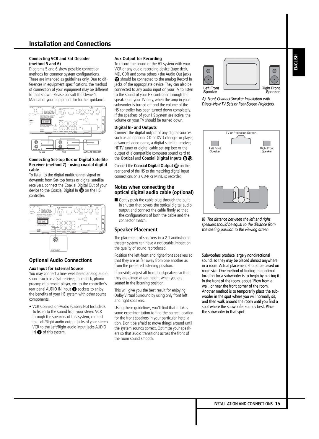 Harman-Kardon HS 150 owner manual Notes when connecting the, Optional Audio Connections, Speaker Placement, English 