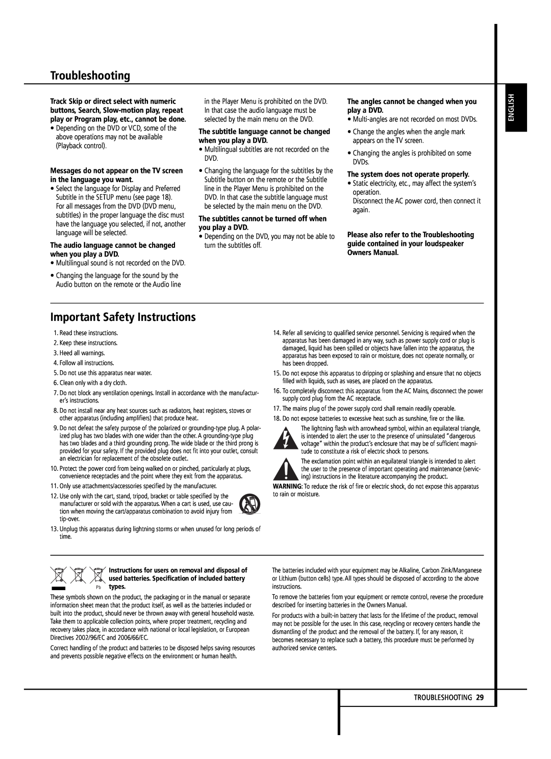 Harman-Kardon HS 150 owner manual Important Safety Instructions, Troubleshooting, English 