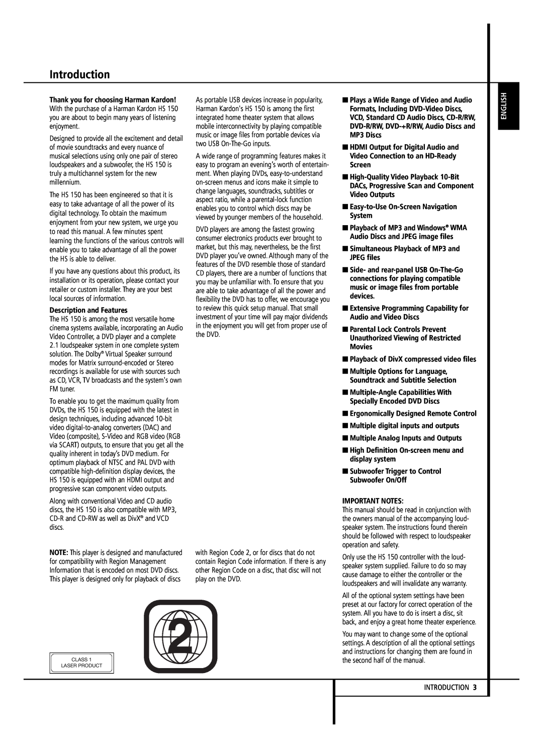 Harman-Kardon HS 150 owner manual Introduction, English 