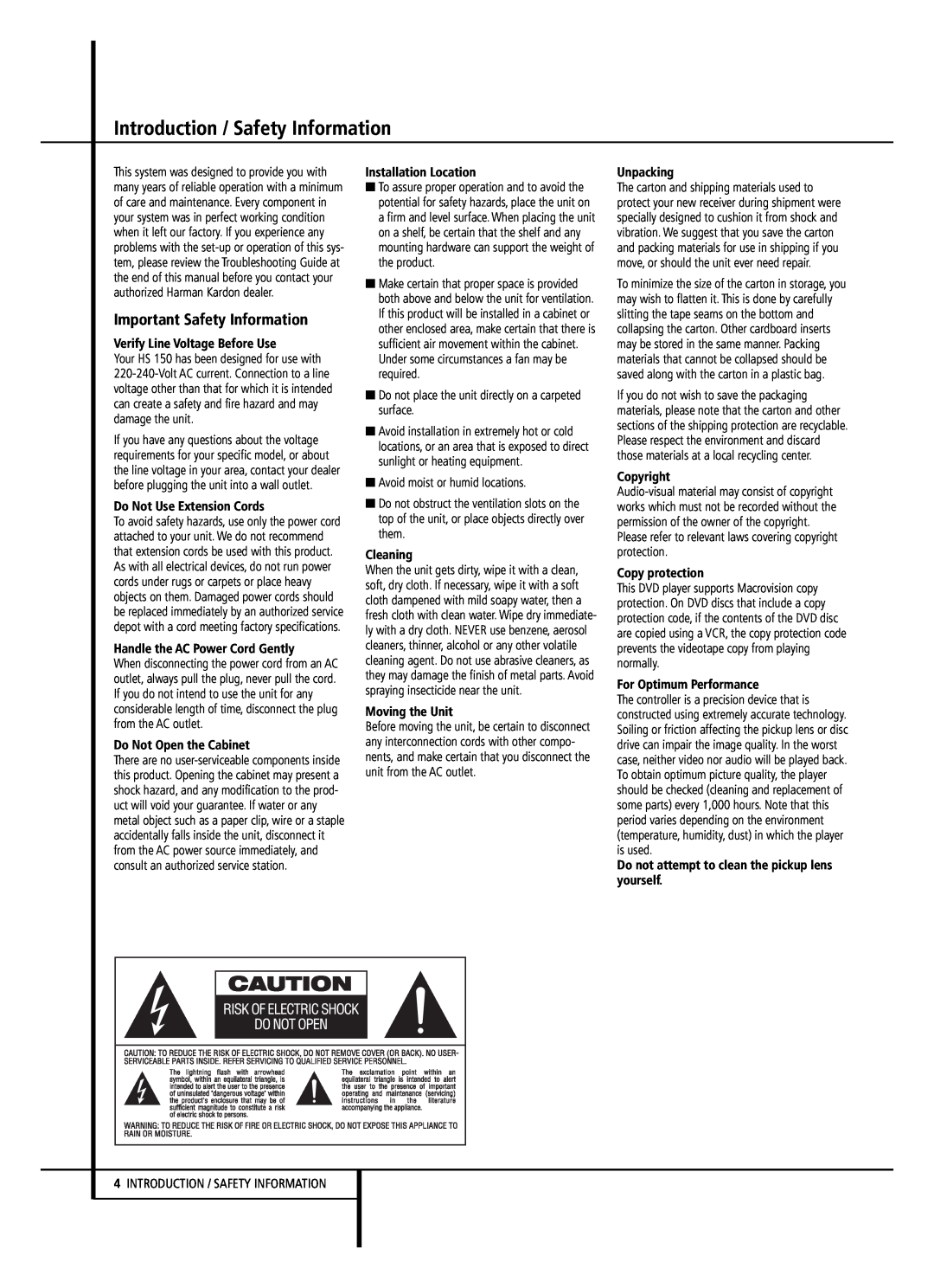 Harman-Kardon HS 150 owner manual Introduction / Safety Information, Important Safety Information 