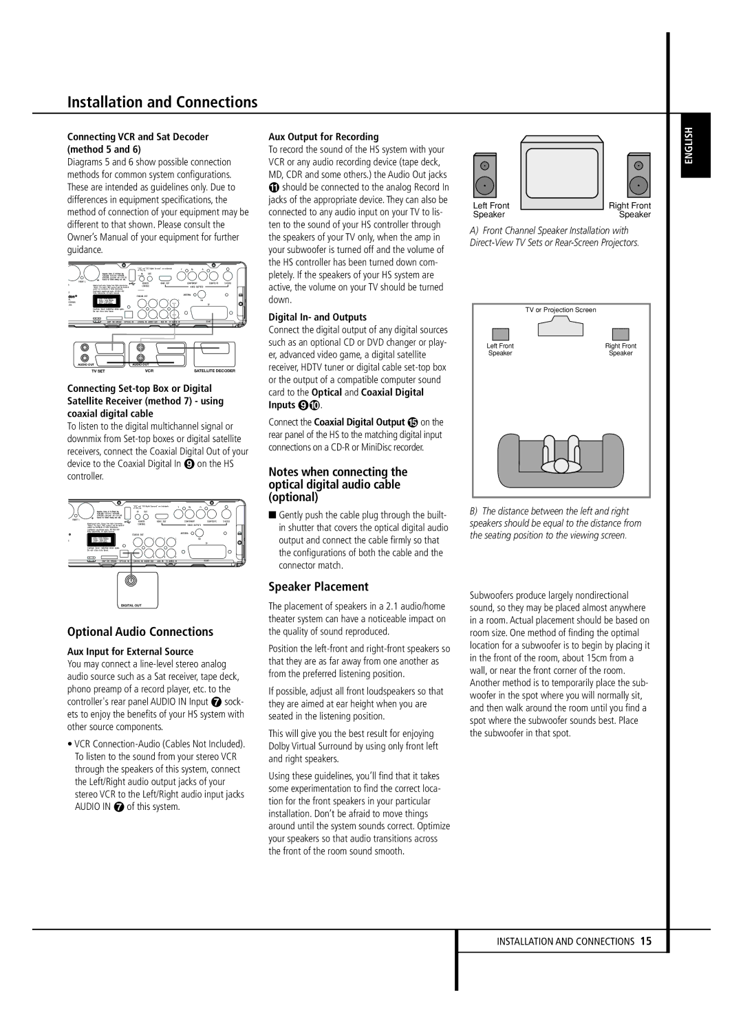 Harman-Kardon HS 250 owner manual Optional Audio Connections, Speaker Placement 