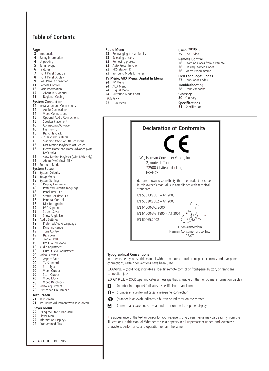 Harman-Kardon HS 250 owner manual Table of Contents, Declaration of Conformity 