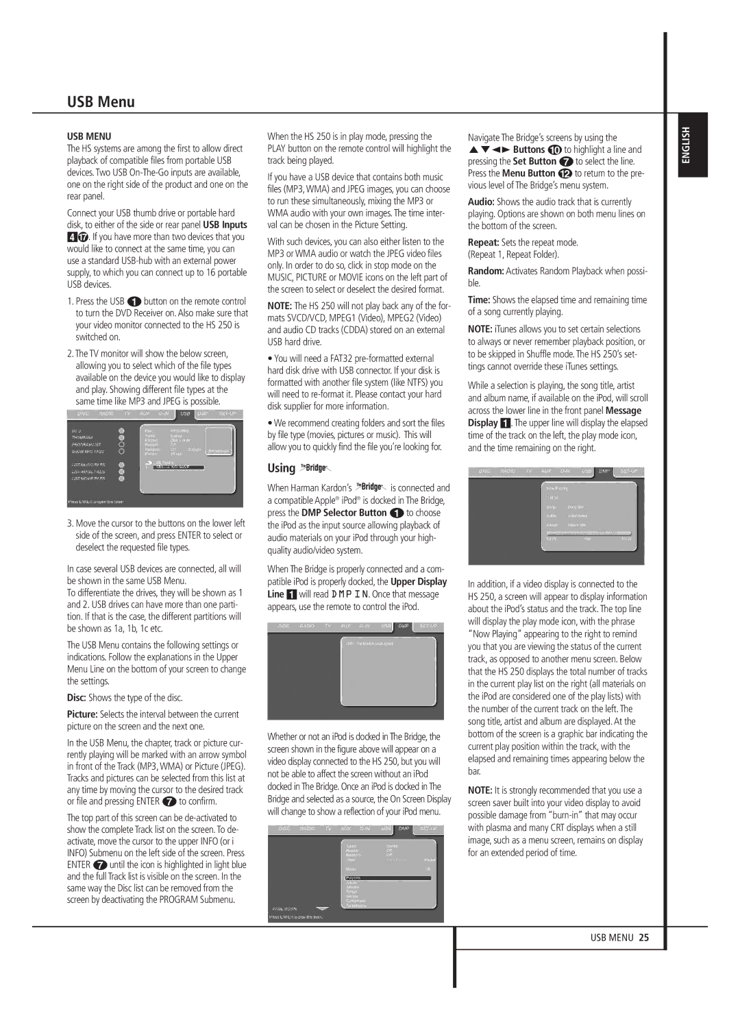 Harman-Kardon HS 250 owner manual USB Menu, Using, Random Activates Random Playback when possi- ble 