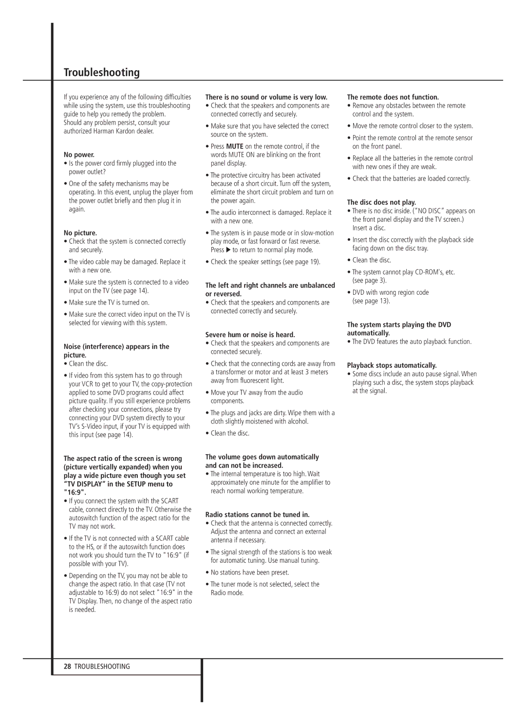 Harman-Kardon HS 250 owner manual Troubleshooting 