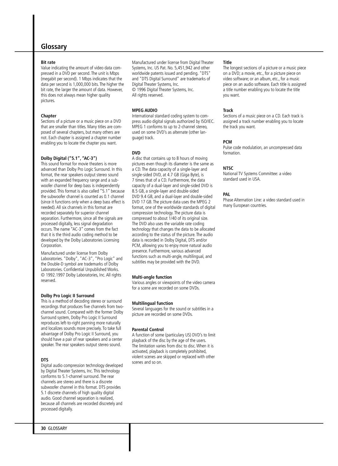 Harman-Kardon HS 250 owner manual Glossary 